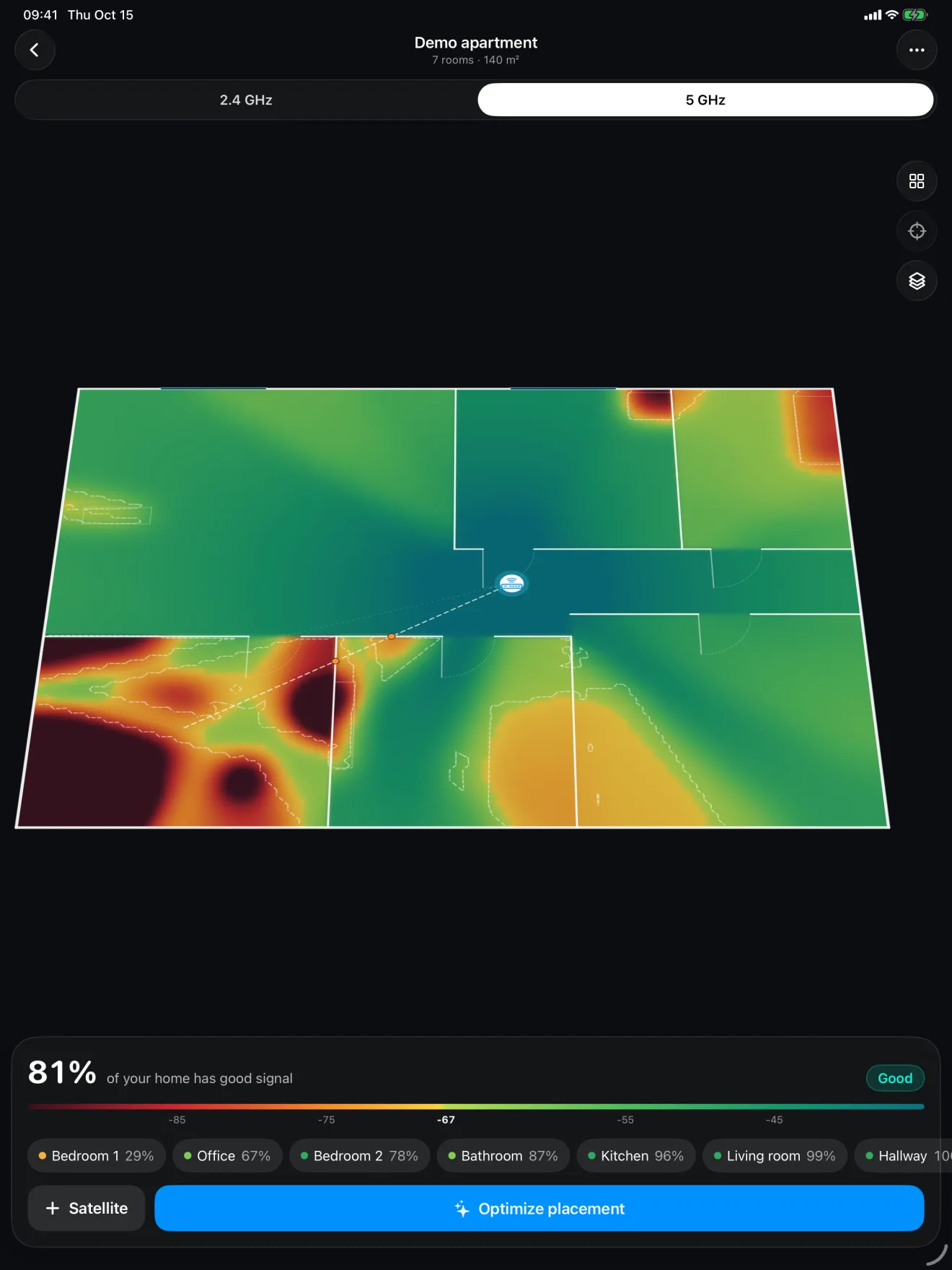 iPad showing a 3D floor plan built from a LiDAR room scan, with Wi-Fi coverage mapped across the apartment.
