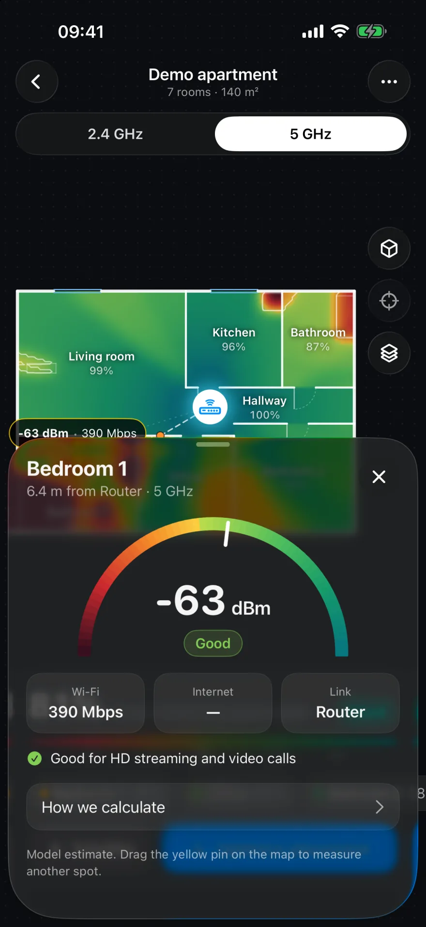 Signal inspector showing the signal strength and estimated speed at a selected point on the floor plan.