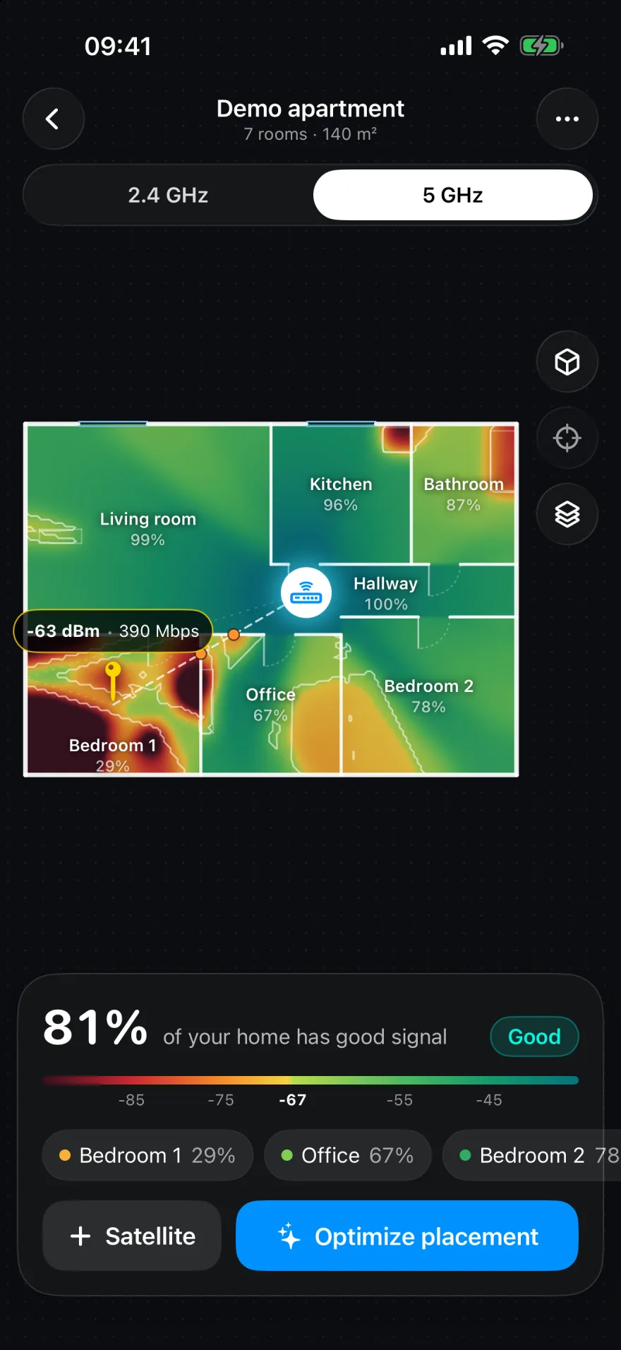 Mesh Planner on iPhone: a room-by-room heatmap highlights strong Wi-Fi in green and a dead zone in Bedroom 1.
