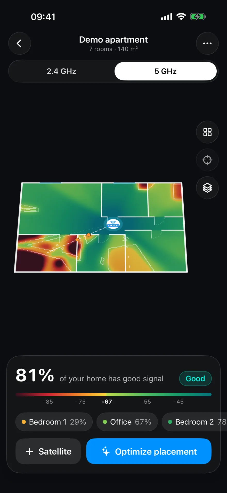 A perspective view of the home's Wi-Fi heatmap on iPhone.